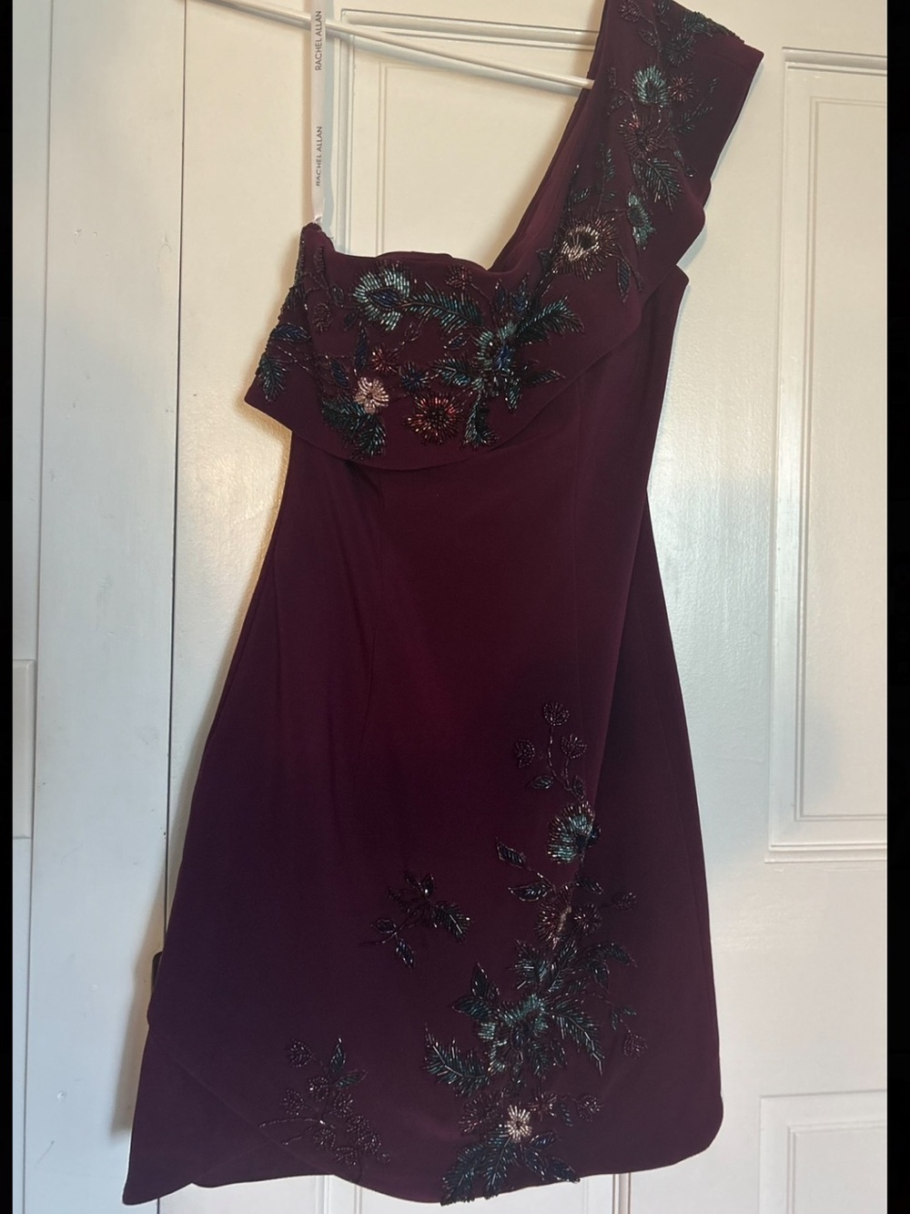 Rachel Allan One-Shoulder Embroidered Wine Dress